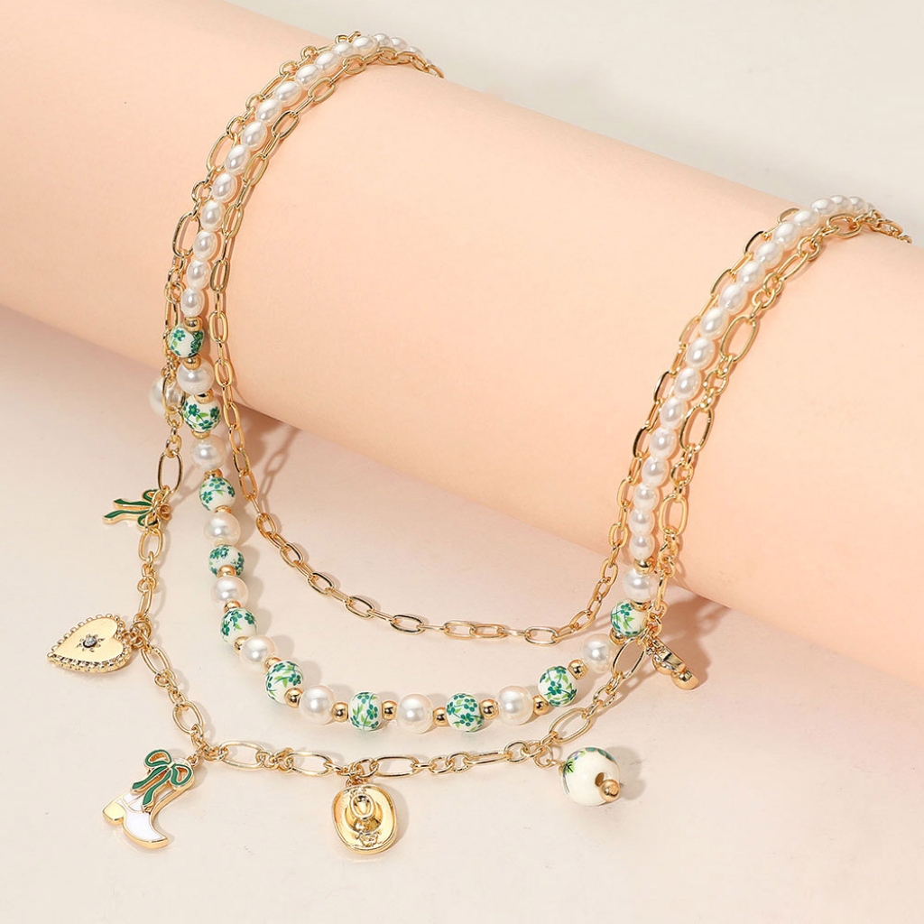 Gold Green Ceramic Ball Beaded Cowboy Charm Pendant Multilayered Pearl Necklace